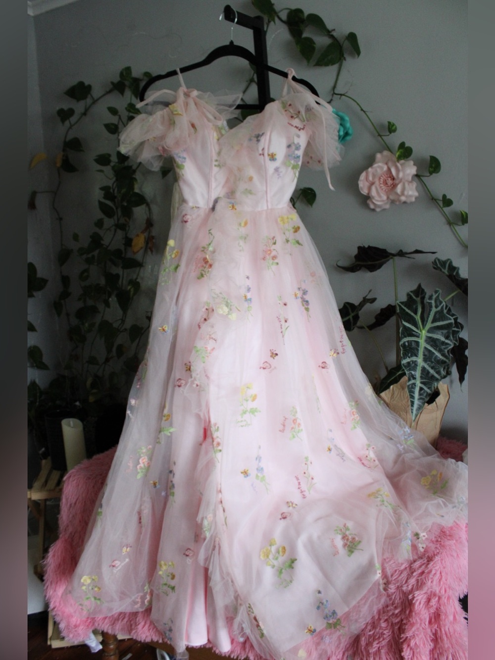 Pink Floral Embroidered Tulle Maxi Dress Corset Gown XS/S